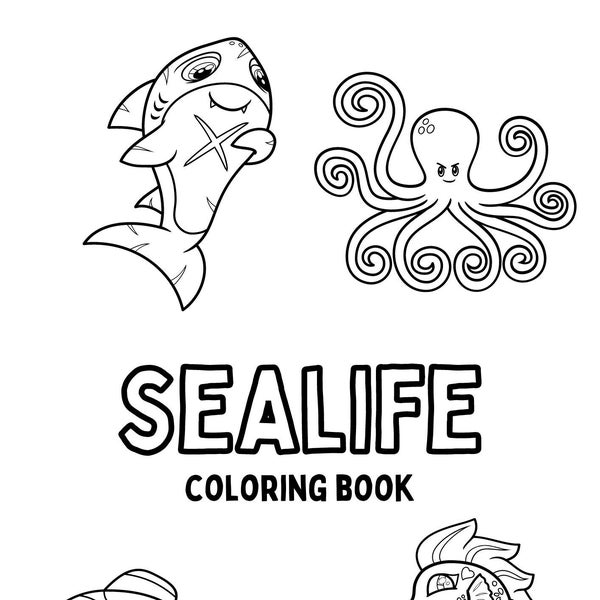 Sealife Coloring Book Printable, Ocean Animals Coloring Pages, Kids Activity Sheets, Instant Download, Underwater Creatures Art 6 Pages