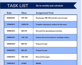 Customizable Weekly Task List Excel Spreadsheet, Digital Template, Productivity Planner, Organization Tool, Semester, Student, Home life