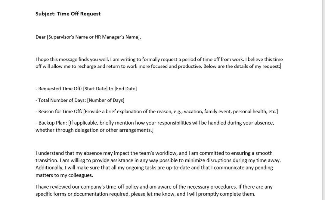 Time off Email Letter Template, Editable Customizable Word Doc Time off Email Letter Template, Editable Customizable Word Doc