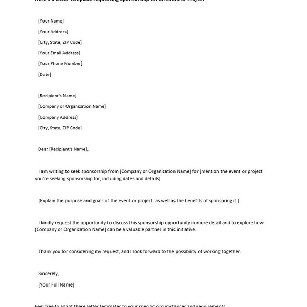 Sample Letter Email Requesting Sponsorship For A Project or an Event. Editable Word Doc, Your ultimate Letter Kit