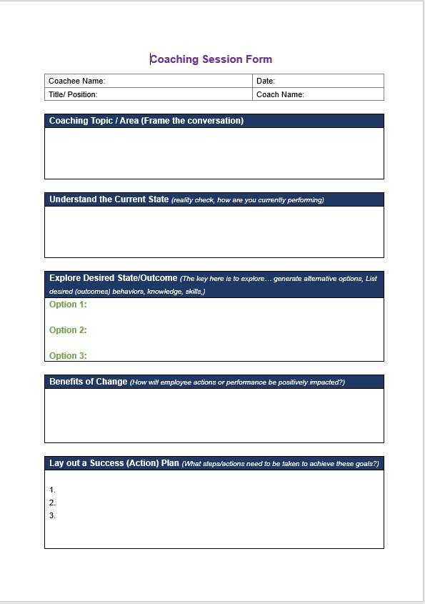 Employee Coaching Template: Coaching Plan Worksheet Mentor Manager