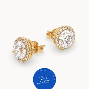 Boucles d'oreilles en or jaune 18 carats 2 carats avec halo de diamants ronds - Bijoux de mariée, cadeau de mariage, élégance intemporelle, luxe au quotidien