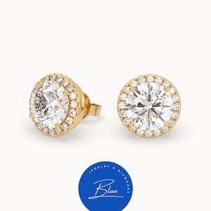 Boucles d'oreilles en or jaune 8 carats 3 carats avec halo de diamants ronds - Bijoux de mariée, cadeau de mariage, élégance intemporelle, déclaration de luxe