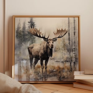 Moose Wall Art Printable Rustic Woodland Animal Decor Cabin Wall Art Digital Download Winter Forest Art Lodge Home Decor Artwork Square