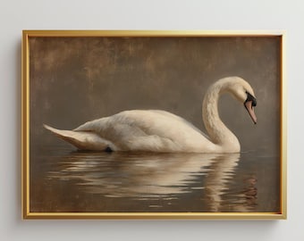 May include: A framed wall art print featuring a white swan swimming on dark, moody water. The swan is positioned in profile, facing right, with its reflection visible below. The artwork is enclosed in a thin, metallic gold rectangular frame.