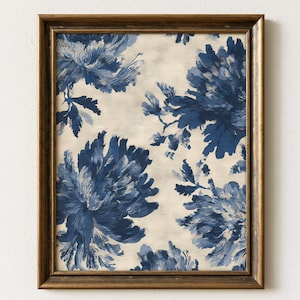 Blue Floral Wall Art Print Vintage Style Botanical Painting Beige Background Rustic Flower Artwork Printable Chinoiserie Home Decor