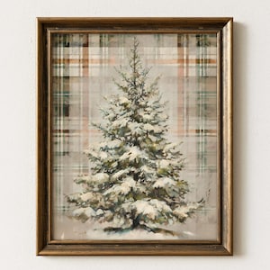 May include: A rectangular wall art piece featuring a painting of a snow-covered evergreen tree centered against a muted plaid background. The artwork is enclosed in a dark brown wooden frame with a metallic finish and a beveled inner edge.