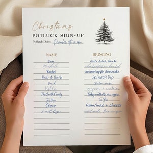 May include: A Christmas potluck sign-up sheet with a gold script font. The sheet includes a Christmas tree illustration and spaces for names and dishes. The potluck date is December 17th at 6pm.