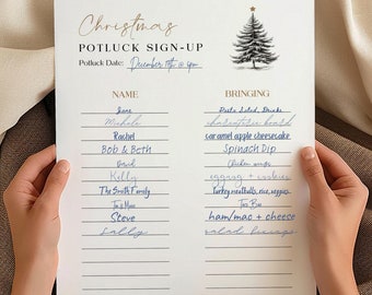 Puede incluir: Una hoja de inscripción para una comida compartida navideña con letras doradas. La hoja incluye una ilustración de árbol de Navidad y espacios para nombres y platos. La fecha de la comida compartida es el 17 de diciembre a las 18:00.