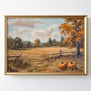 Fall Pumpkin Landscape Wall Art Horizontal Autumn Print Rustic Farmhouse Decor Country Field Artwork for Living Room or Entryway
