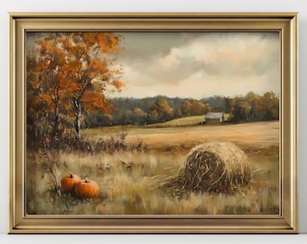 Fall Farm Printable Wall Art Autumn Landscape Pumpkin Field Rustic Harvest Decor Download Countryside Painting Thanksgiving Wall Decor