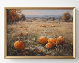 Pumpkin Patch Wall Art Vintage Autumn Landscape Fall Farm Printable Rustic Country Decor