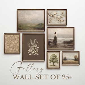 May include: A gallery wall set of six framed art prints featuring a landscape, floral branches, a person standing by the sea, a floral pattern, a botanical illustration, and a tree. The text Gallery WALL SET OF 25+ is printed below the frames.