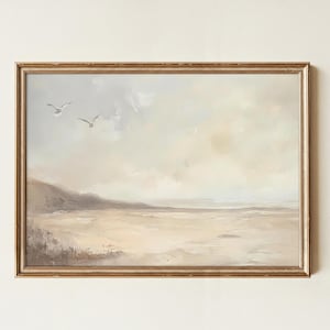 Neutral Coastal Landscape Printable Wall Art Horizontal Beach Painting Digital Download Seaside Decor Minimalist Ocean Scene Aesthetic Print