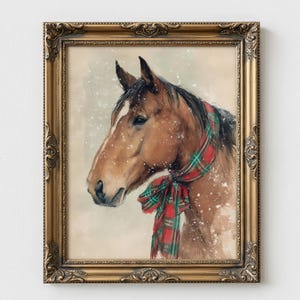Vintage style horse wearing a red and green tartan bow with snow falling on a beige background, rustic printable farmhouse Christmas wall art.