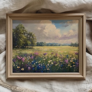 Colorful Wildflower Field Printable Wall Art Landscape Floral Meadow Painting Digital Download Nature Artwork for Living Room Office Decor