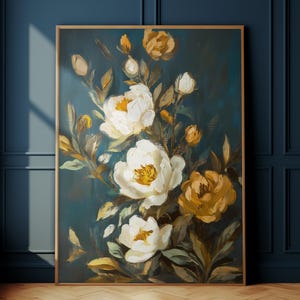 Stampa artistica da parete floreale blu navy e giallo, dipinto di peonie malinconiche, download digitale, stampa botanica scura per la decorazione da parete del soggiorno e della camera da letto.
