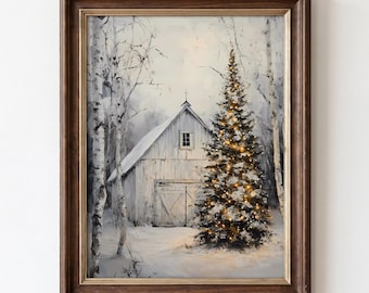Rustic Christmas Barn Wall Art Printable Winter Farmhouse Decor Tree with Lights Snowy Landscape Digital Download Holiday Wall Print
