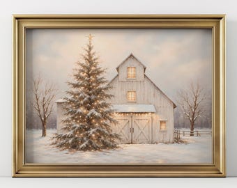 May include: A framed wall art print depicting a snowy winter scene with a large, illuminated Christmas tree standing beside a white wooden barn. The barn features glowing windows and string lights, set against a soft, overcast sky and bare trees.