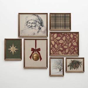 May include: A gallery wall set of six framed prints featuring a charcoal sketch of Santa Claus, a brown plaid pattern, a gold jingle bell with a red ribbon, a gold star on green, red holly leaves, and a snowy tree with pinecones in gold frames.