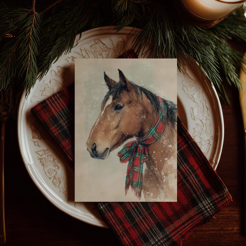 May include: A rectangular print featuring a watercolor illustration of a brown horse with a white blaze on its face. The horse wears a red and green plaid scarf around its neck. The background is a light tan color with white specks of falling snow.
