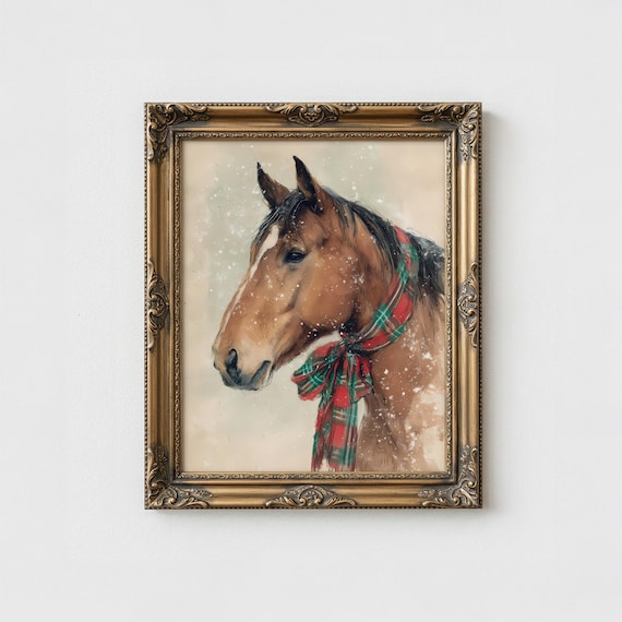 Horse Wall Art Printable Tartan Bow Rustic Christmas Decor Farmhouse Country Equestrian Print Snowy Winter Animal Art Holiday Download