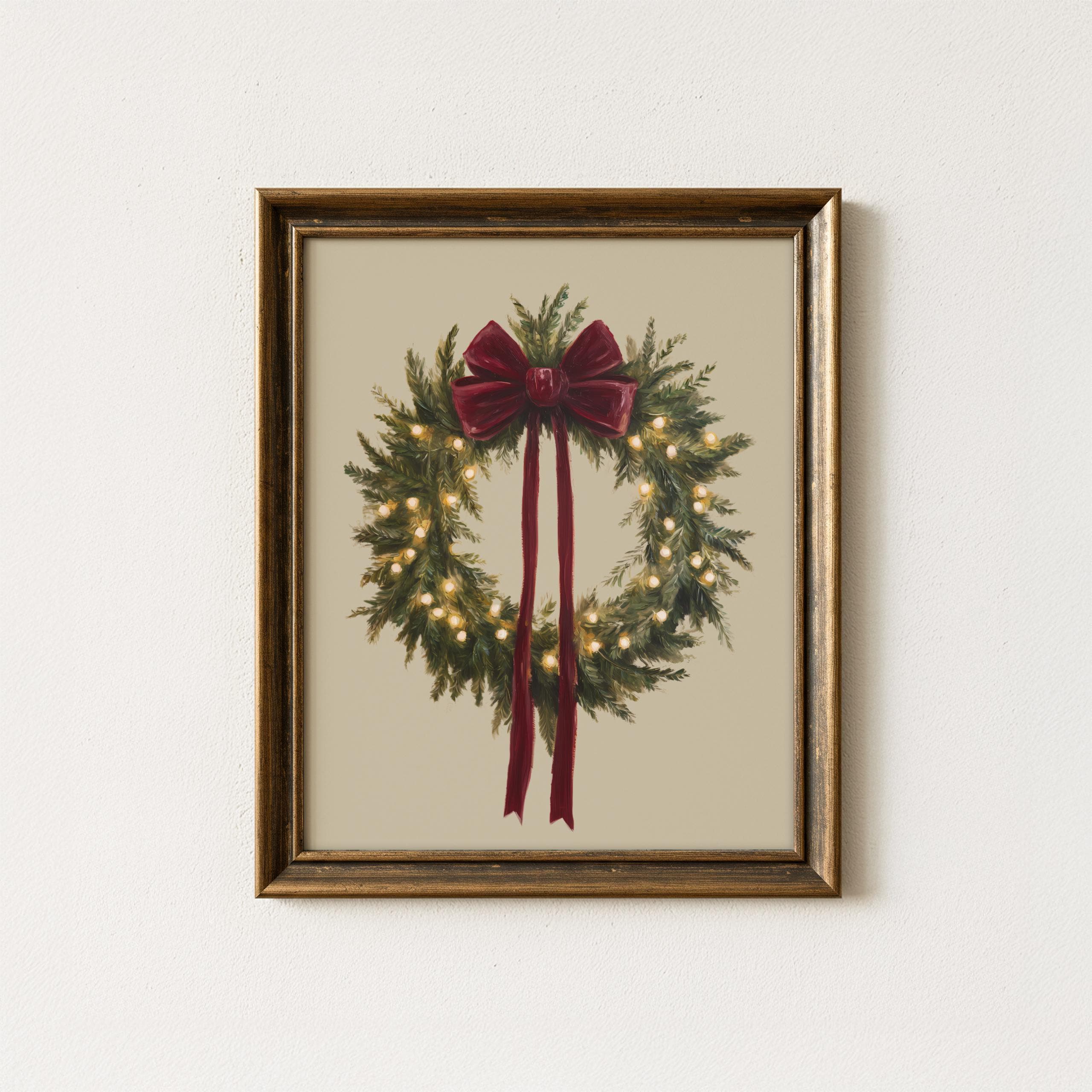 Burgundy Bow Christmas Wreath Wall Art Rustic Holiday Print Cozy Winter Greenery Decor Farmhouse Christmas Artwork