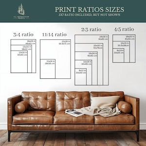 May include: A chart titled PRINT RATIOS SIZES displaying various rectangular frame dimensions in inches and centimeters, including 3:4, 11:14, 2:3, and 4:5 ratios. Below the chart is a brown leather tufted sofa with a beige throw blanket.