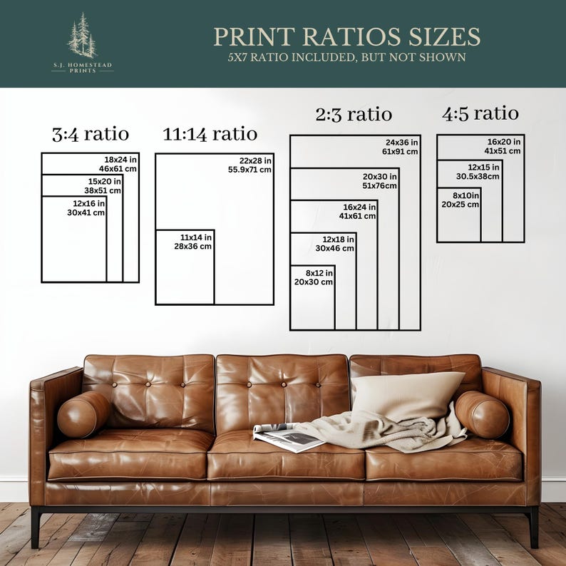 May include: A chart titled PRINT RATIOS SIZES displaying various rectangular frame dimensions in inches and centimeters, including 3:4, 11:14, 2:3, and 4:5 ratios. Below the chart is a brown leather tufted sofa with a beige throw blanket.