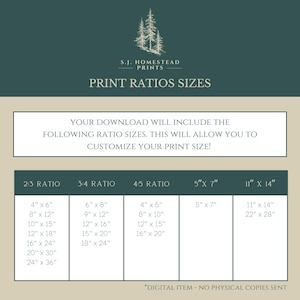 May include: A dark green and beige informational chart titled S.J. HOMESTEAD PRINTS PRINT RATIOS SIZES. It lists various print dimensions in inches for 2:3, 3:4, and 4:5 ratios, plus 5x7 and 11x14 inch sizes. Text states digital item, no physical copies.