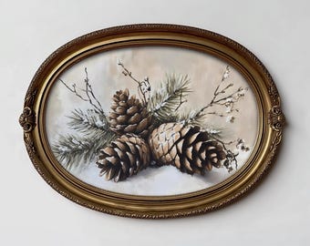 Pinecone Printable Wall Art Winter Decor Rustic Snowy Pine Branch Christmas Print Neutral Holiday Wall Art Cottagecore Farmhouse Style