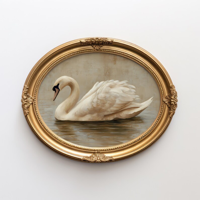 Digital painting of an elegant swan gliding across still water, depicted in soft beige and cream tones. The swan’s delicate feathers and graceful neck are highlighted in a minimal, vintage-inspired style ideal for printable wall art. This artwork conveys calmness and natural beauty, perfect for serene and neutral-themed home decor.