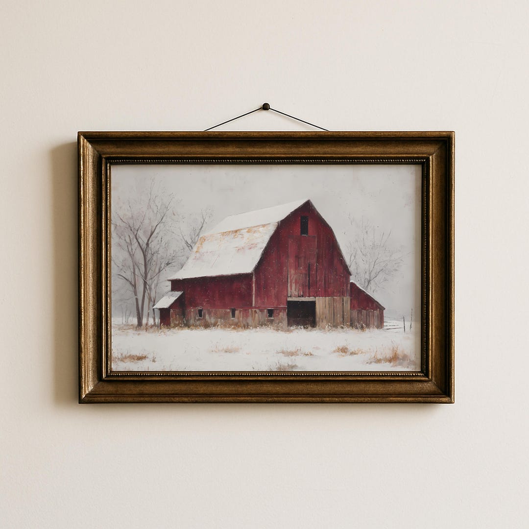 Rustic Red Barn Wall Art Printable Winter Farmhouse Landscape Snowy ...