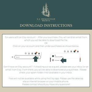 May include: An instructional graphic for S.J. Homestead Prints with a dark green header and beige background. It provides text steps for downloading digital files from Etsy, including visual icons of the account menu and purchase section.