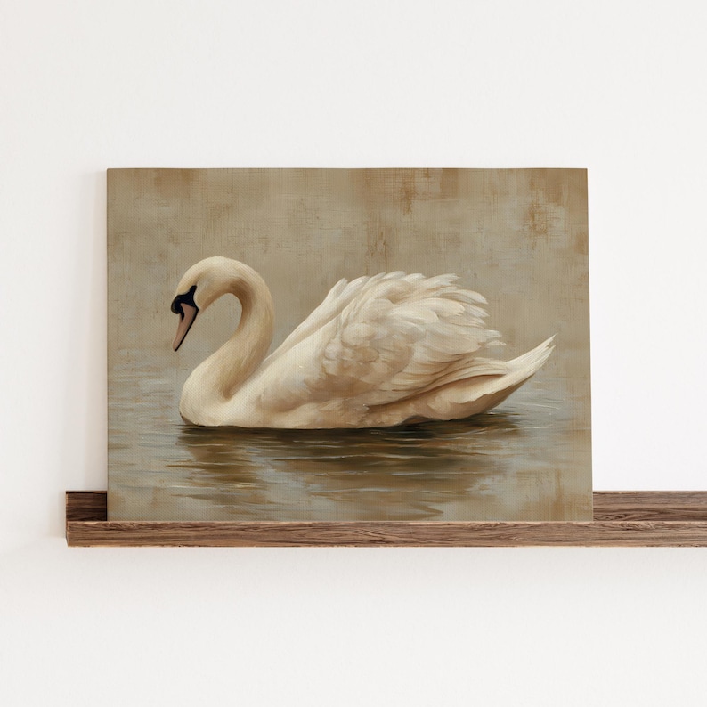 Digital painting of an elegant swan gliding across still water, depicted in soft beige and cream tones. The swan’s delicate feathers and graceful neck are highlighted in a minimal, vintage-inspired style ideal for printable wall art. This artwork conveys calmness and natural beauty, perfect for serene and neutral-themed home decor.
