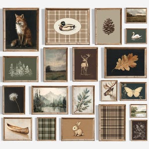 May include: A gallery wall set of twenty framed prints featuring nature themes including a fox, a duck, a pinecone, a swan, a deer, a leaf, a dandelion, mountains, a pine branch, a reindeer, a butterfly, a canoe, a rabbit, and plaid patterns.