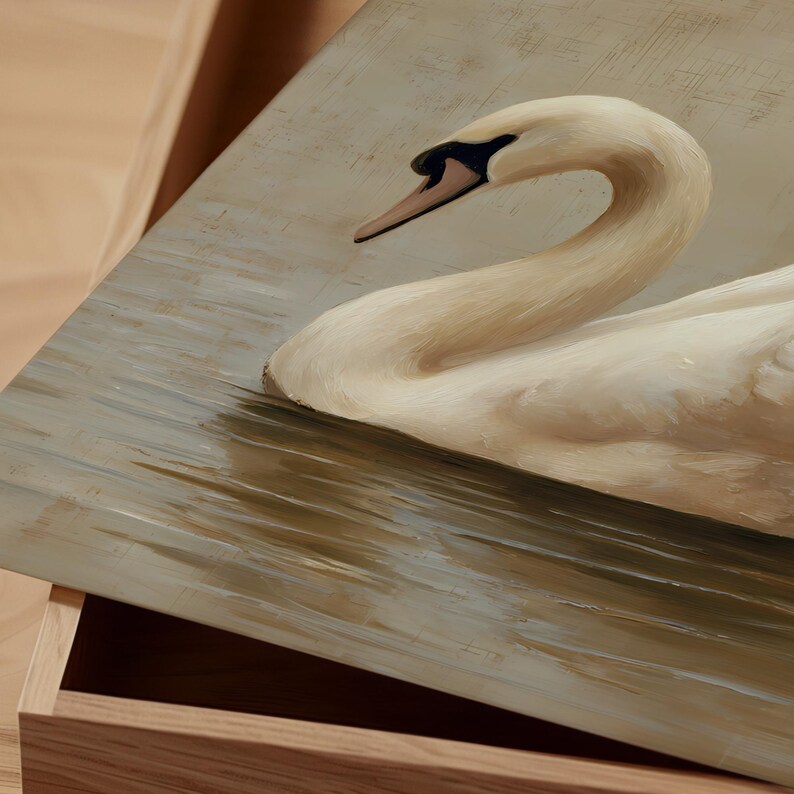 Digital painting of an elegant swan gliding across still water, depicted in soft beige and cream tones. The swan’s delicate feathers and graceful neck are highlighted in a minimal, vintage-inspired style ideal for printable wall art. This artwork conveys calmness and natural beauty, perfect for serene and neutral-themed home decor.