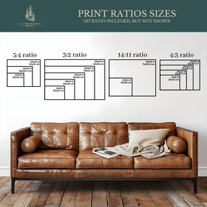 May include: A brown leather sofa with a beige throw blanket and pillow, positioned below a chart titled PRINT RATIOS SIZES. The chart displays various rectangular outlines labelled with ratios and dimensions in cm, such as 5:4, 3:2, 14:11, and 4:3.