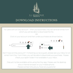 May include: An instructional graphic for S.J. Homestead Prints with a dark green header and beige background. It provides text steps for downloading digital files from Etsy, including visual icons of the account menu and purchase section.