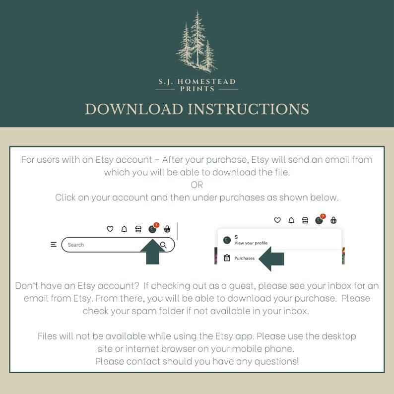 May include: An instructional graphic for S.J. Homestead Prints with a dark green header and beige background. It provides text steps for downloading digital files from Etsy, including visual icons of the account menu and purchase section.