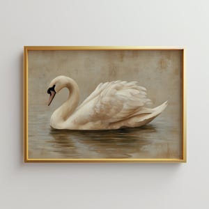Digital painting of an elegant swan gliding across still water, depicted in soft beige and cream tones. The swan’s delicate feathers and graceful neck are highlighted in a minimal, vintage-inspired style ideal for printable wall art. This artwork conveys calmness and natural beauty, perfect for serene and neutral-themed home decor.