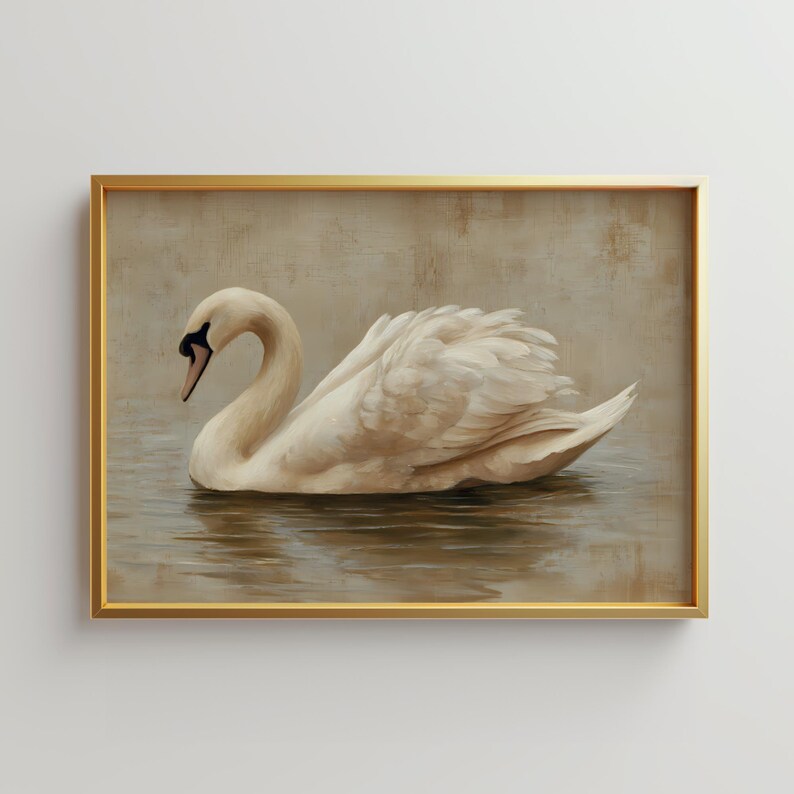 Digital painting of an elegant swan gliding across still water, depicted in soft beige and cream tones. The swan’s delicate feathers and graceful neck are highlighted in a minimal, vintage-inspired style ideal for printable wall art. This artwork conveys calmness and natural beauty, perfect for serene and neutral-themed home decor.