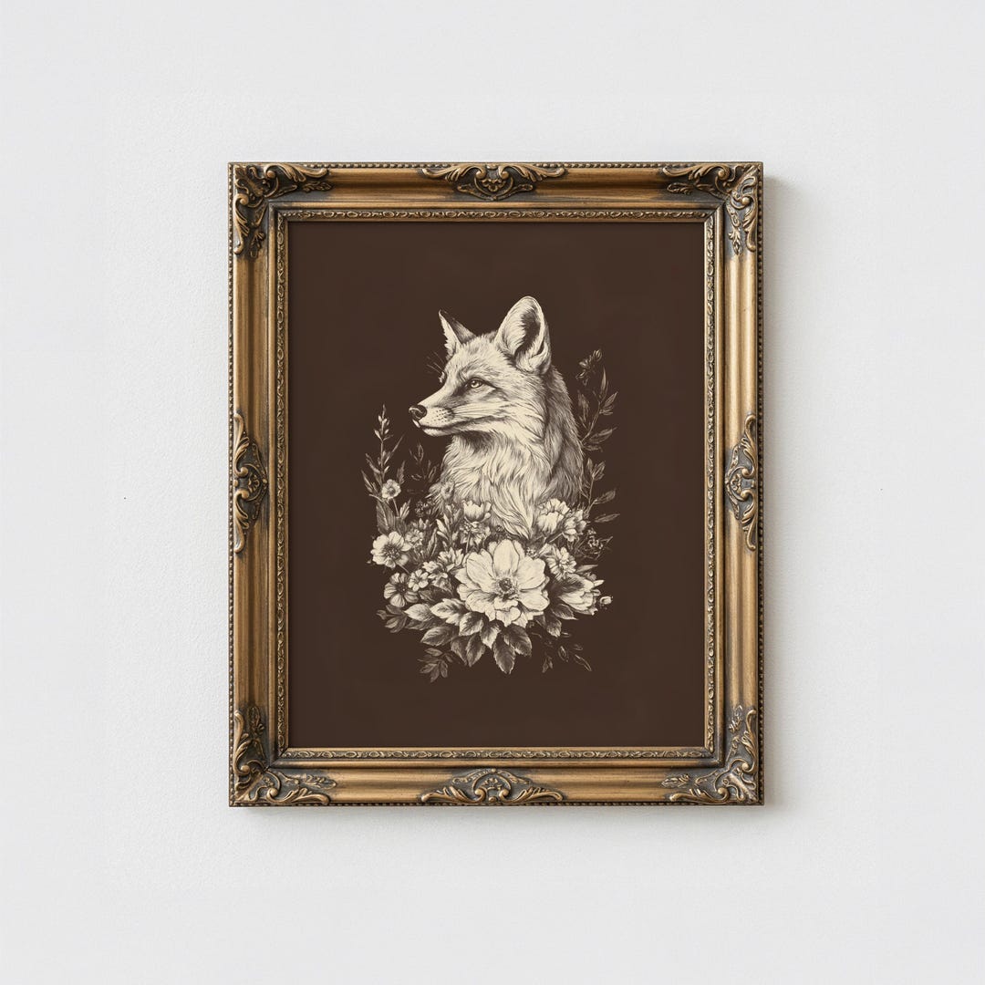 Rustic Fox Image Rustic Fox Wall Art Printable Animal Floral Illustration Vintage ...
