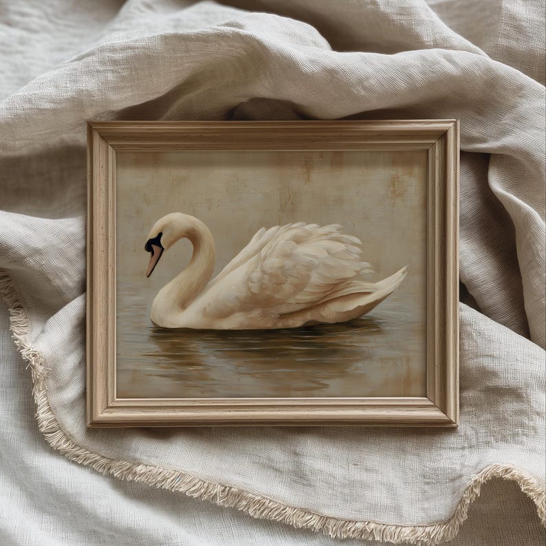 Digital painting of an elegant swan gliding across still water, depicted in soft beige and cream tones. The swan’s delicate feathers and graceful neck are highlighted in a minimal, vintage-inspired style ideal for printable wall art. This artwork conveys calmness and natural beauty, perfect for serene and neutral-themed home decor.