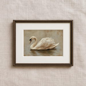 Digital painting of an elegant swan gliding across still water, depicted in soft beige and cream tones. The swan’s delicate feathers and graceful neck are highlighted in a minimal, vintage-inspired style ideal for printable wall art. This artwork conveys calmness and natural beauty, perfect for serene and neutral-themed home decor.