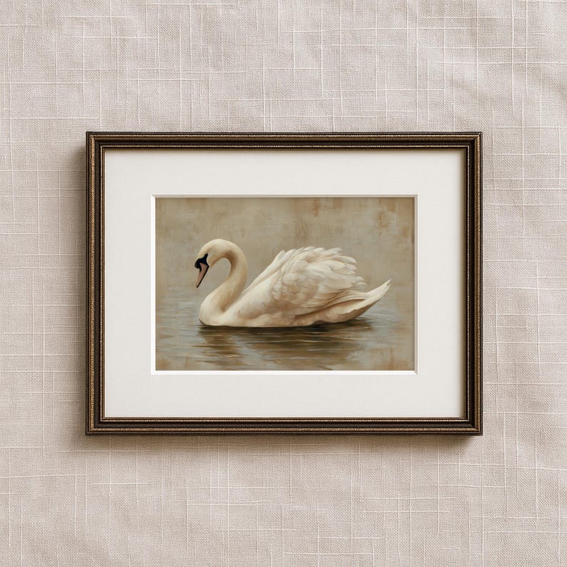 Digital painting of an elegant swan gliding across still water, depicted in soft beige and cream tones. The swan’s delicate feathers and graceful neck are highlighted in a minimal, vintage-inspired style ideal for printable wall art. This artwork conveys calmness and natural beauty, perfect for serene and neutral-themed home decor.