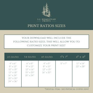 May include: A dark green and beige informational chart titled S.J. HOMESTEAD PRINTS PRINT RATIOS SIZES. It lists various print dimensions in inches for 2:3, 3:4, and 4:5 ratios, plus 5x7 and 11x14 inch sizes. Text states digital item, no physical copies.