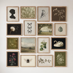 May include: A gallery wall set of fifteen framed prints featuring nature-themed illustrations including a silhouette, a dandelion, a swan, a bumblebee, butterflies, botanical floral studies, and landscape scenes in muted earth tones and black.