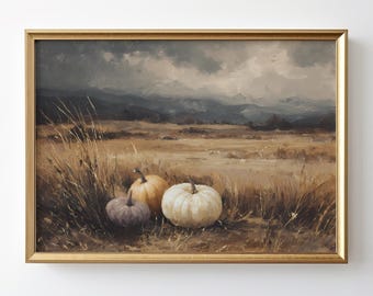 Vintage Pumpkin Field Painting, Fall Landscape Art Print, Autumn Harvest Wall Decor