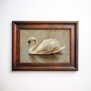 Digital painting of an elegant swan gliding across still water, depicted in soft beige and cream tones. The swan’s delicate feathers and graceful neck are highlighted in a minimal, vintage-inspired style ideal for printable wall art. This artwork conveys calmness and natural beauty, perfect for serene and neutral-themed home decor.